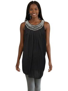 NWT Meiyunmami Maternity Chiffon Sleeveless Beaded Jewel Neckline Top Black Med